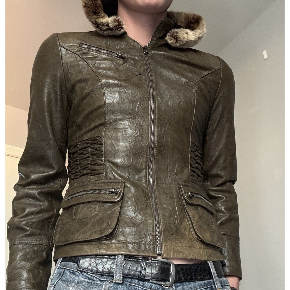 Vintage Green Leather Jacket Cargo Pocket, Detachable Rabbit Fur Lined Hood